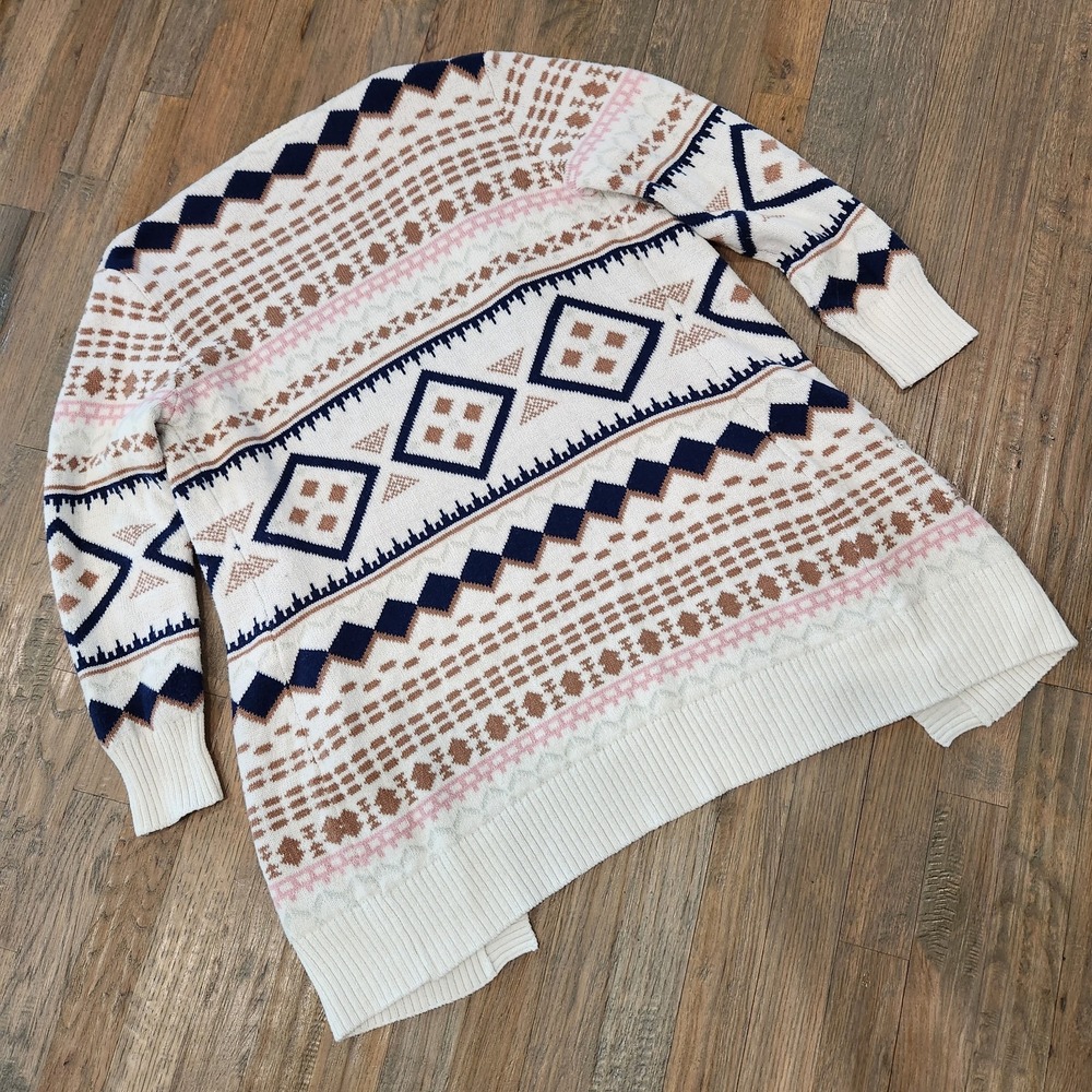 SERRA Pink Blue Tan Cream Tribal Aztec Long Sleeve Cardigan Pockets Size Medium - Picture 7 of 8